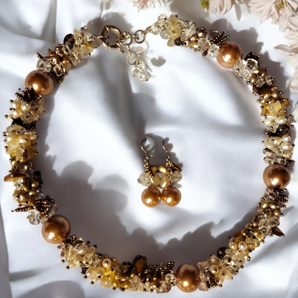 Citrine Crystal, Quartz, Fresh Pearls, Beads Sterling Silver Necklace Earrings
